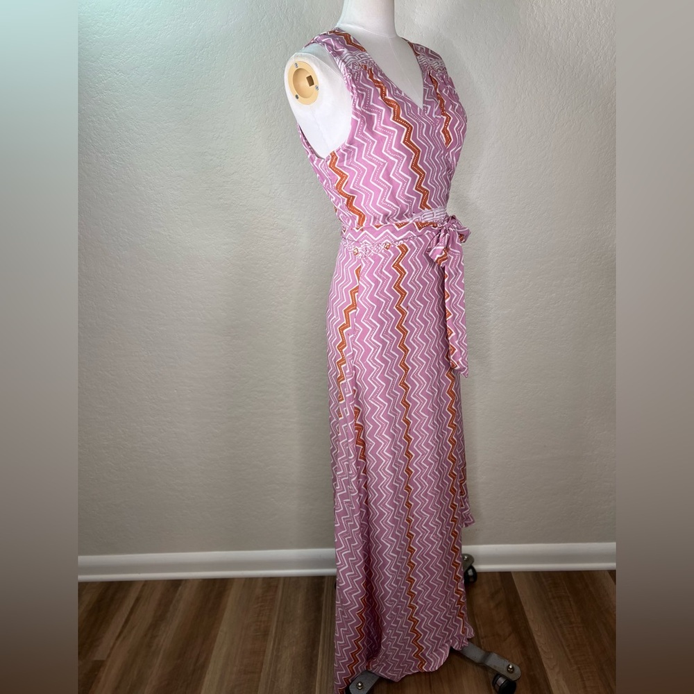Natalie Martin Printed 100% Silk Wrap Tie Waist Chevron Maxi Dress SZ Large EUC - Picture 3 of 15